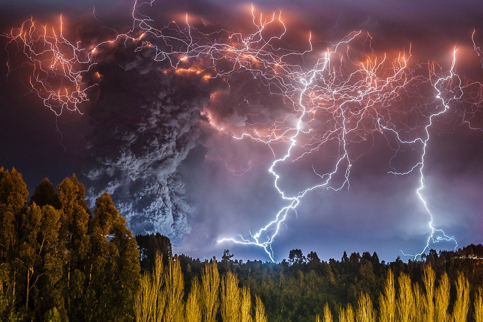 photography, Nature, Landscape, Lightning, Storm, Forest, Volcano, Night, Eruption, Chile Wallpaper