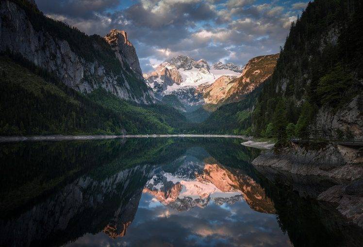 photography, Nature, Landscape, Mountains, Lake, Reflection, Snow, Clouds, Forest, Path, Alps, Austria HD Wallpaper Desktop Background