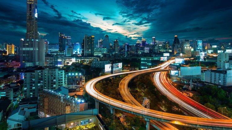 Thailand, Thai, Bangkok, City, Town, Road, Landscape, Building, Architecture, Night, Lights, Street, Sky, Blue, Orange, Clouds HD Wallpaper Desktop Background
