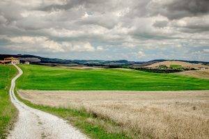 nature, Landscape, Clouds, Trees, Field, Tuscany, Italy, Grass, Dirt Road, Hills, House