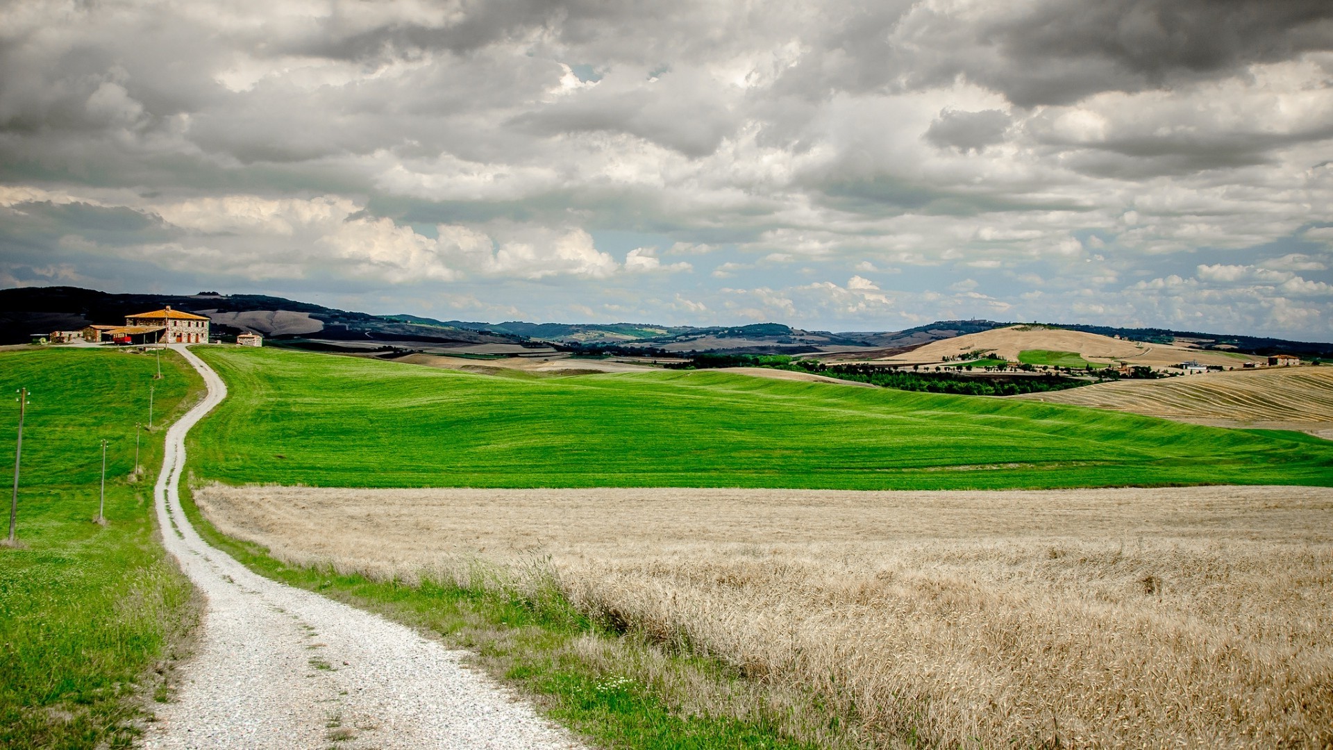 nature, Landscape, Clouds, Trees, Field, Tuscany, Italy, Grass, Dirt Road, Hills, House Wallpaper