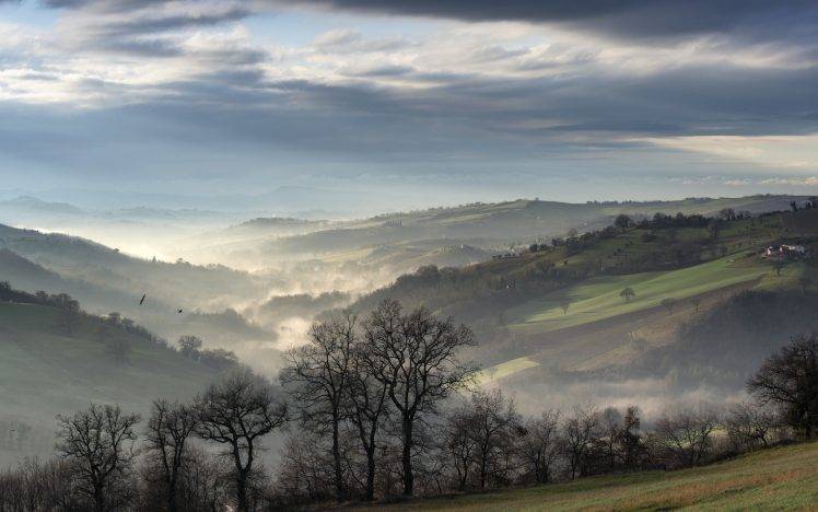 nature, Landscape, Clouds, Trees, Forest, Morning, Mist, Hills, Valley, House HD Wallpaper Desktop Background