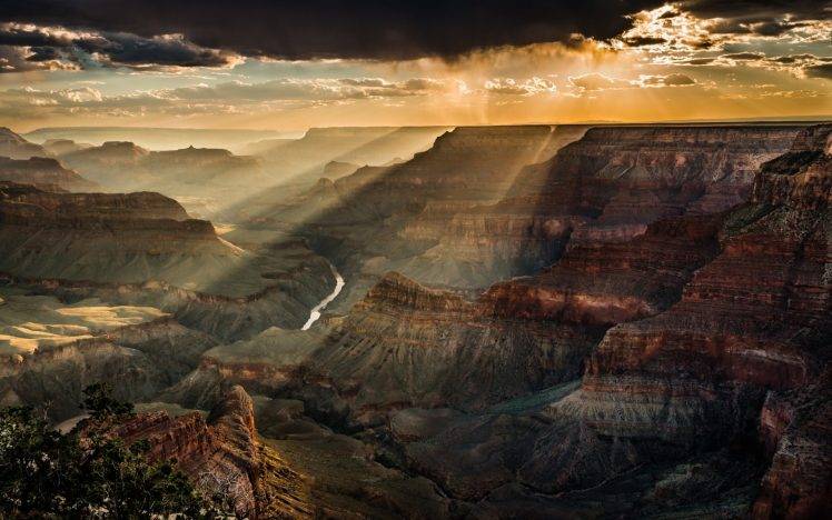 nature, Landscape, Clouds, Trees, Canyon, Grand Canyon, USA, Valley, River, Rock, Sun Rays, Stream HD Wallpaper Desktop Background