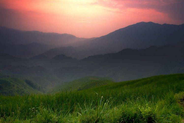 landscape, Sunset, Grass, Mountains, Nature HD Wallpaper Desktop Background