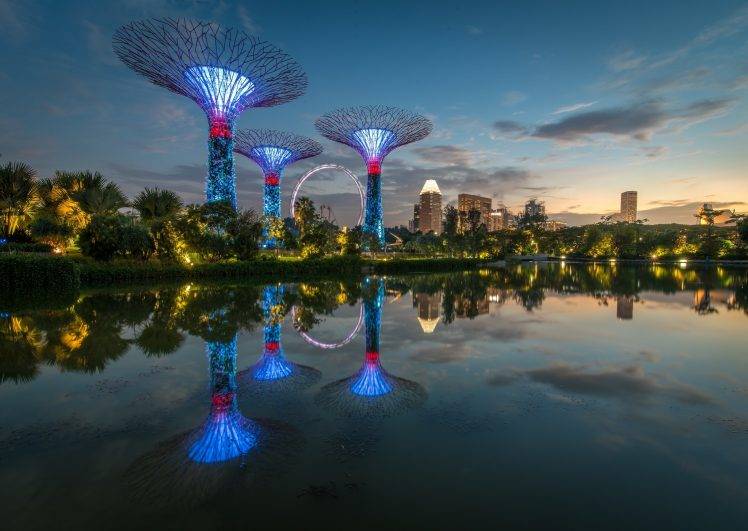photography, Nature, Clouds, Landscape, Lake, Reflection, Architecture, Trees, City, Lights, Sky, Singapore HD Wallpaper Desktop Background