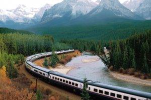 train, Mountains, Forest, River, Landscape