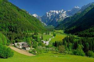 landscape, Village, Hills, Mountains, Trees, Hairpin Turns, Alps, Valley, Slovenia