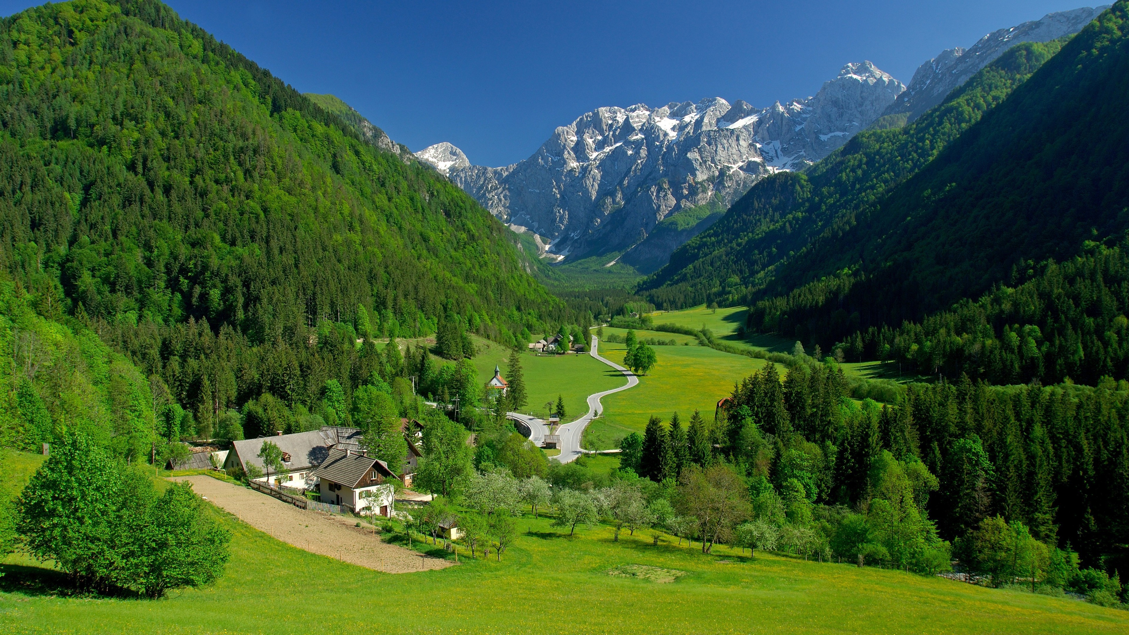 landscape, Village, Hills, Mountains, Trees, Hairpin Turns, Alps
