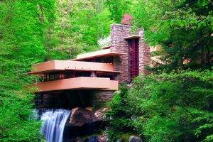 nature, Landscape, Waterfall, Long Exposure, Frank Lloyd Wright, Trees, Forest, Falling Water, Architecture, House, Pennsylvania, USA, Leaves, Modern, Rock