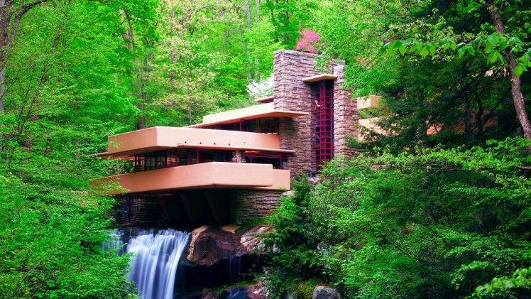 nature, Landscape, Waterfall, Long Exposure, Frank Lloyd Wright, Trees, Forest, Falling Water, Architecture, House, Pennsylvania, USA, Leaves, Modern, Rock HD Wallpaper Desktop Background