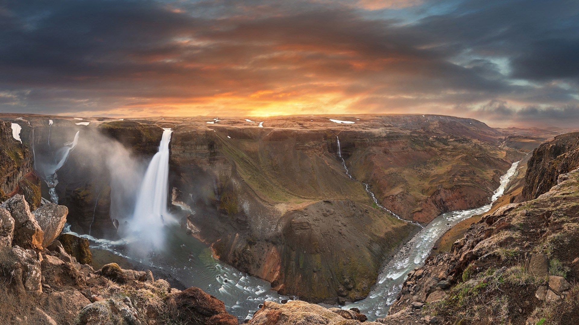 nature, Landscape, Waterfall, Long Exposure, Iceland, Mountains, River, Rock, Clouds, Sunset, Stream, Stones, Valley Wallpaper