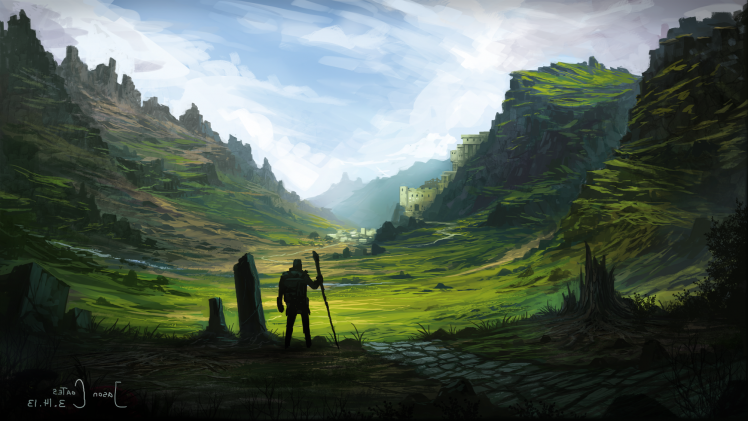 warrior, Fantasy Art, Digital Art, Artwork, Nature, Landscape, Field, Rocks, Mountains, Clouds, Animation HD Wallpaper Desktop Background