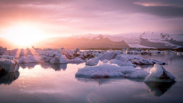 glaciers, Lagoon, Iceland, Sun, Nature, Landscape,  Jokulsarlon HD Wallpaper Desktop Background