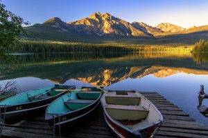nature, Photography, Landscape, Morning, Sunlight, Lake, Boat, Forest, Mountains, Reflection, Jasper National Park, Canada