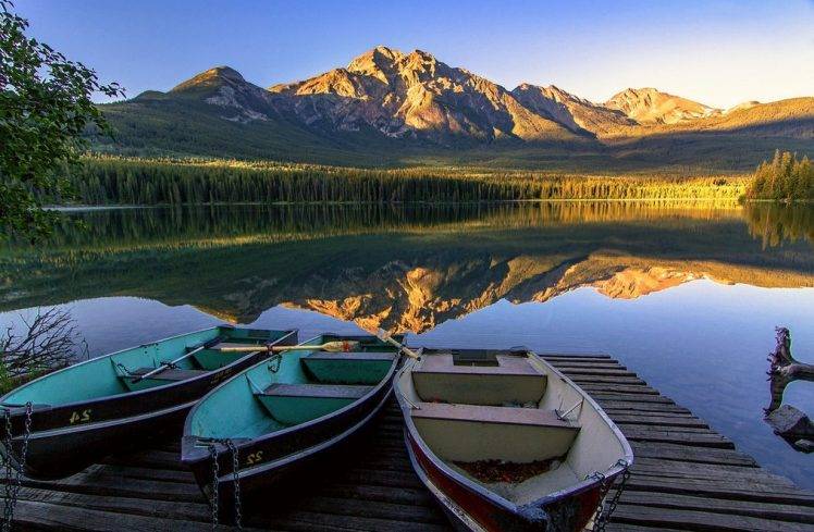 nature, Photography, Landscape, Morning, Sunlight, Lake, Boat, Forest, Mountains, Reflection, Jasper National Park, Canada HD Wallpaper Desktop Background