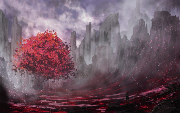 trees, Red, Fantasy Art, Landscape HD Wallpaper Desktop Background