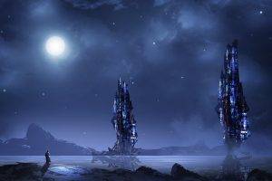 futuristic, Blue, Night, Landscape, Tower, Moon