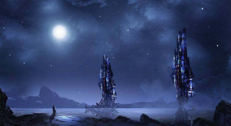 futuristic, Blue, Night, Landscape, Tower, Moon HD Wallpaper Desktop Background