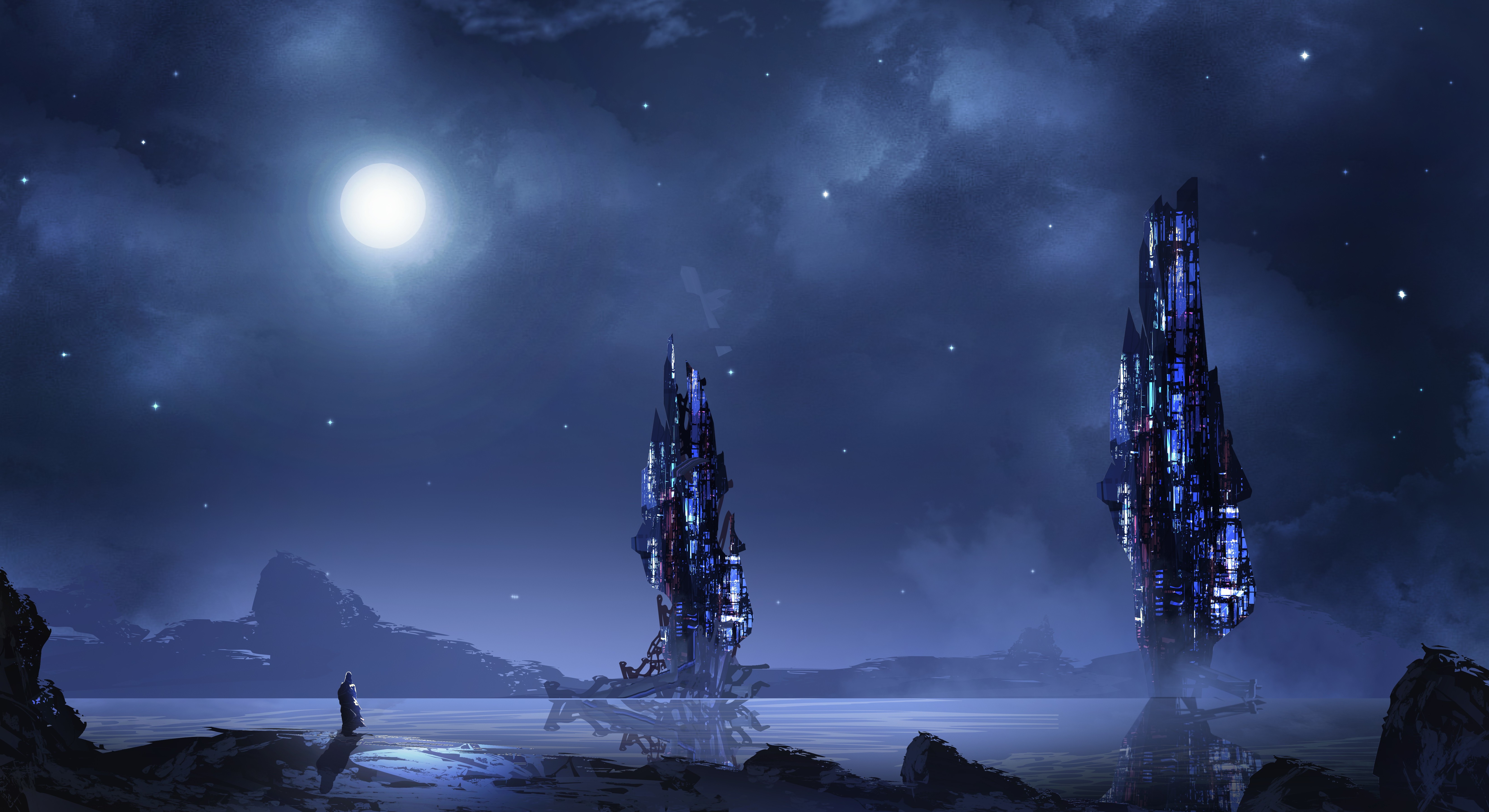 futuristic, Blue, Night, Landscape, Tower, Moon Wallpaper