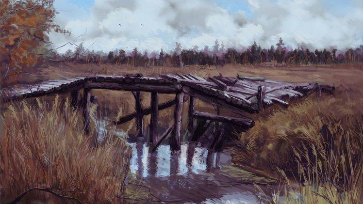 grass, Bridge, Painting, River, Landscape HD Wallpaper Desktop Background