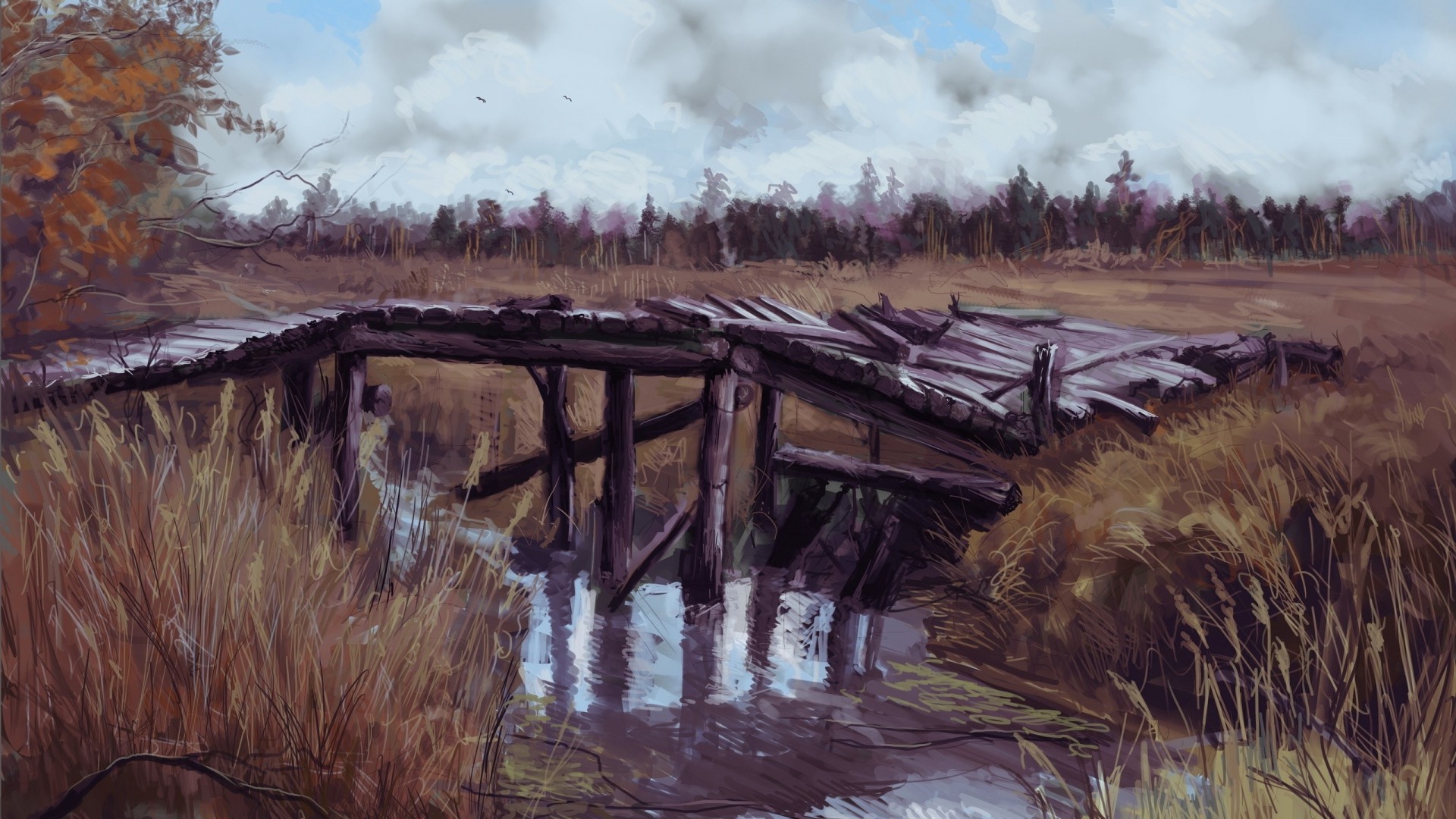 grass, Bridge, Painting, River, Landscape Wallpaper