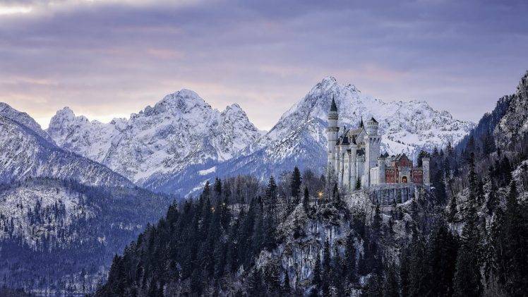 Neuschwanstein Castle, Bavaria, Snow, Castle, Trees, Landscape HD Wallpaper Desktop Background