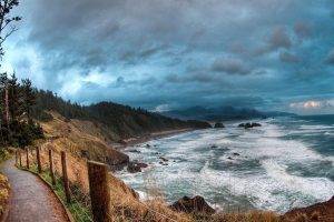 road, Sea, Waves, Fence, Clouds, Trees, Landscape, Path