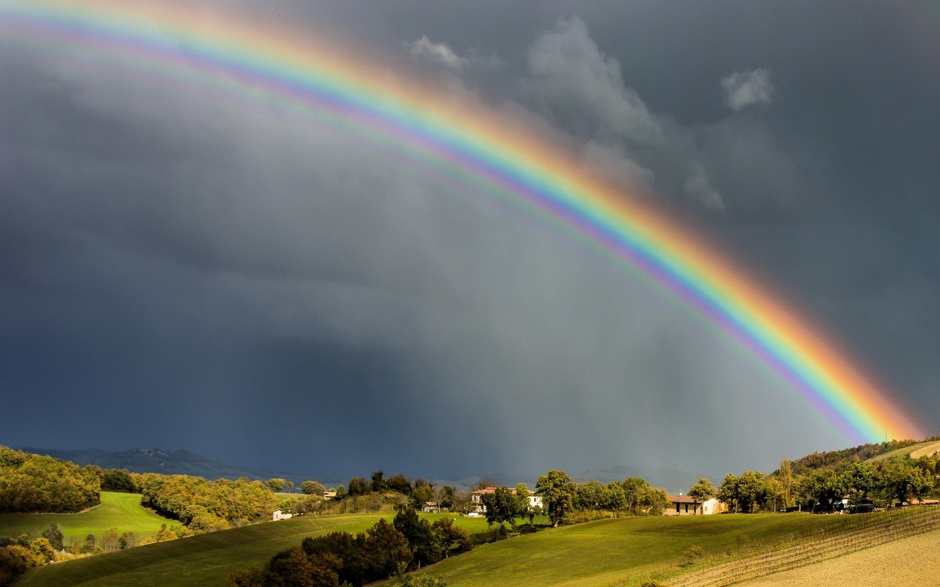 photography, Nature, Landscape, Rainbows, Hills, Clouds, Field, Trees Wallpaper