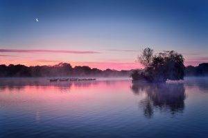 photography, Nature, Landscape, Morning, Mist, Daylight, Lake, Boat, Trees, Calm, Moon, England