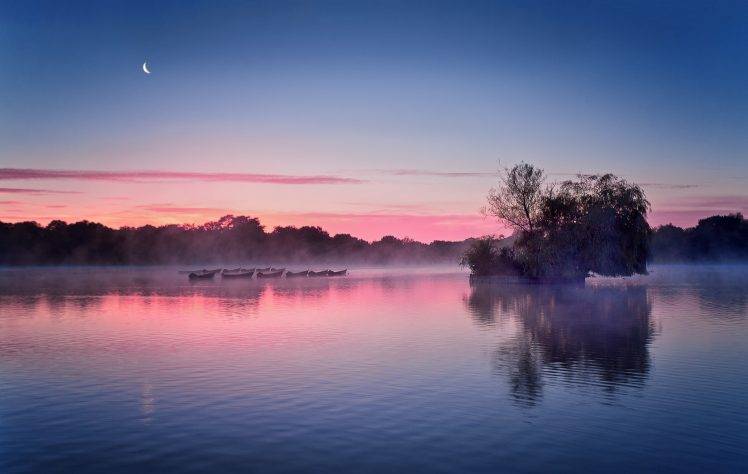 photography, Nature, Landscape, Morning, Mist, Daylight, Lake, Boat, Trees, Calm, Moon, England HD Wallpaper Desktop Background