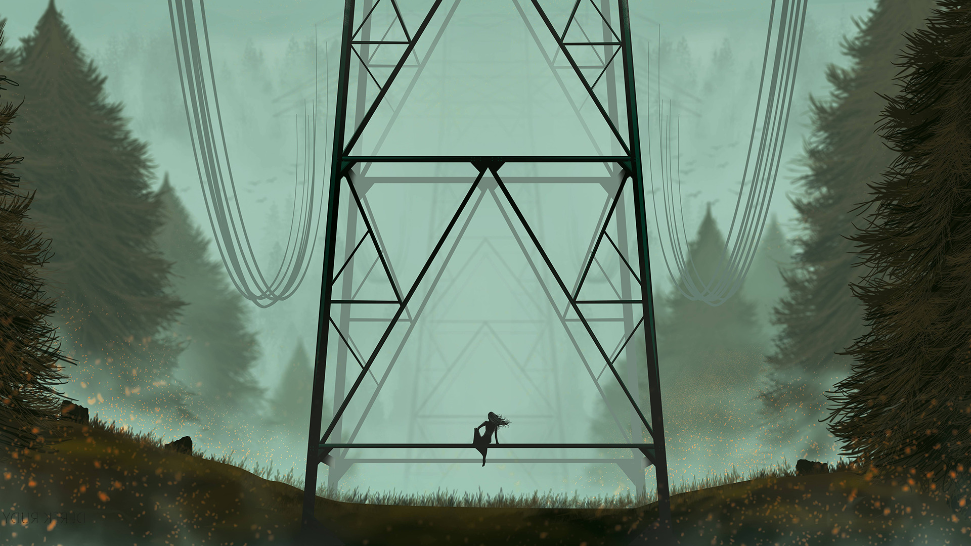 Derek Rudy, Women, Nature, Green, Landscape, Relaxing, Digital Art, Power Lines Wallpaper