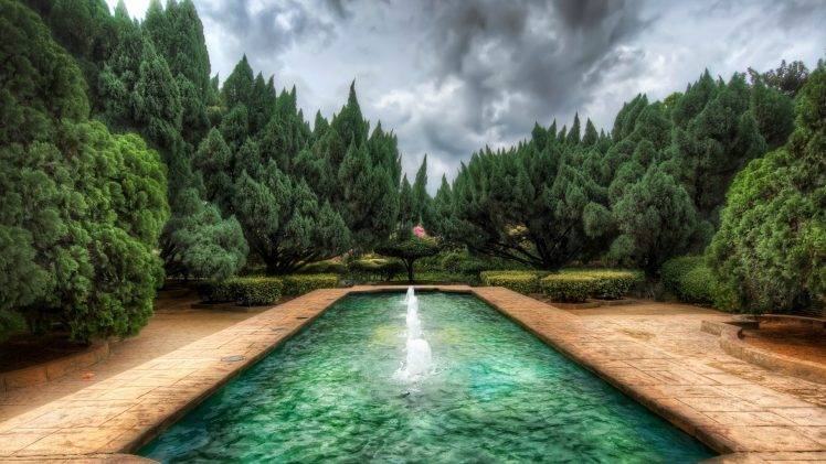 fountain, Trees, HDR, Garden, Overcast HD Wallpaper Desktop Background