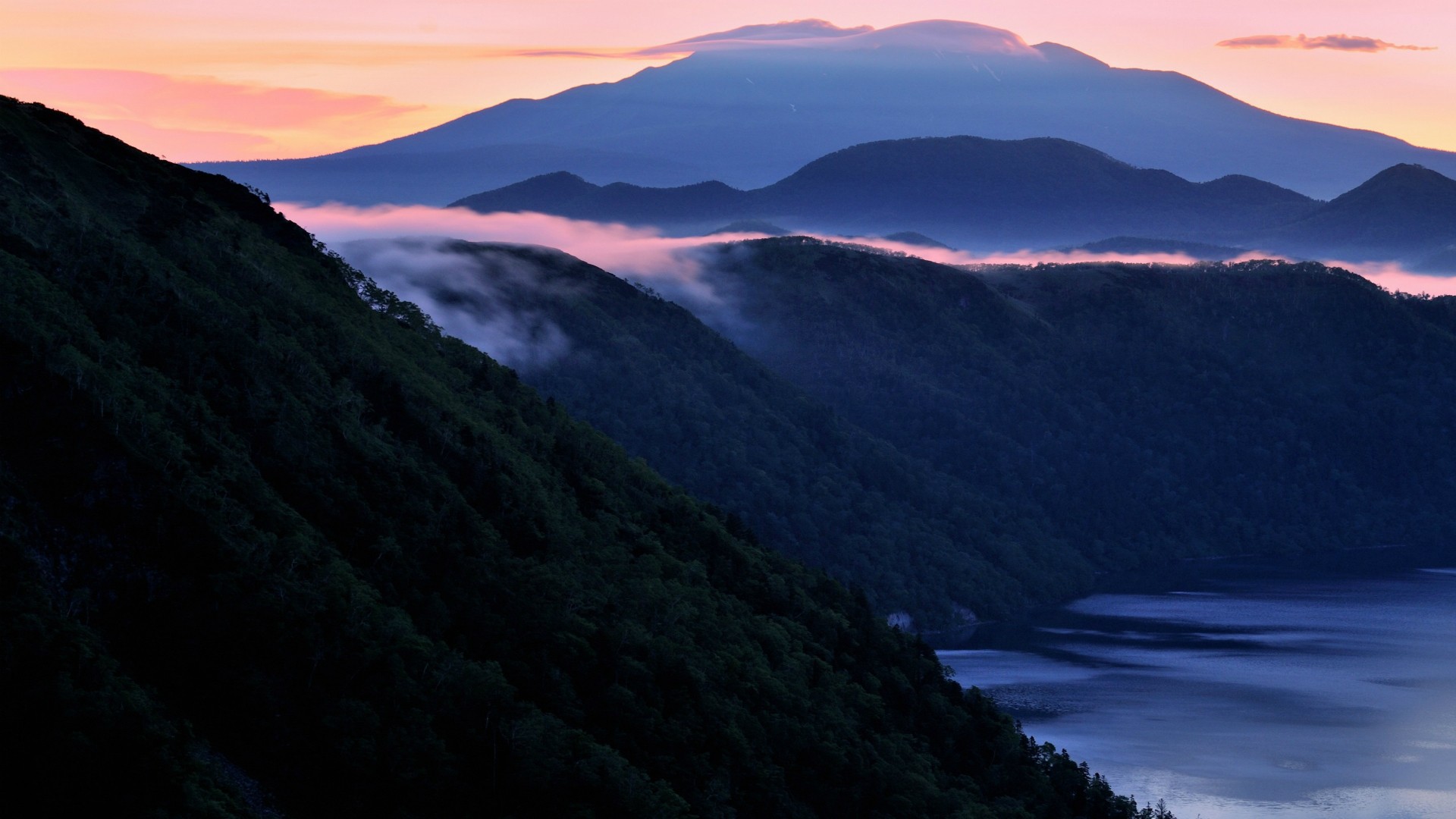 hill, Trees, Water, Mountain, Sunrise Wallpaper