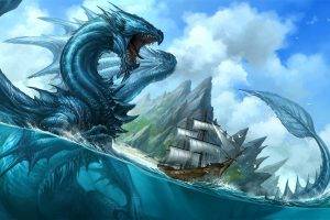 dragon, Water, Sea, Mountain, Sky, Boat, Ship, Teeth, Split View