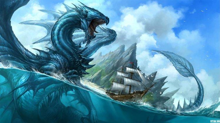 dragon, Water, Sea, Mountain, Sky, Boat, Ship, Teeth, Split View HD Wallpaper Desktop Background