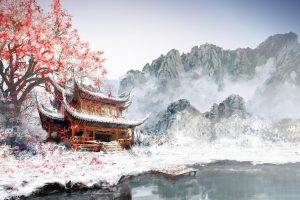painting, Japan, Winter, White, Snow, Mountain, Cherry Blossom
