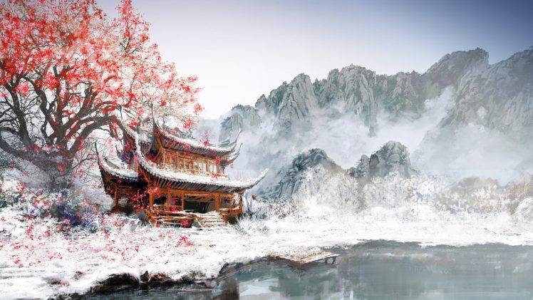 painting, Japan, Winter, White, Snow, Mountain, Cherry Blossom HD Wallpaper Desktop Background