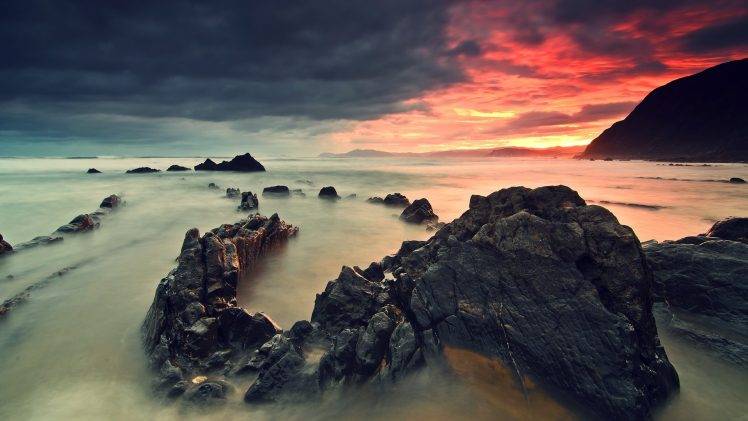 HDR, Coast, Sunset, Long Exposure, Rock HD Wallpaper Desktop Background