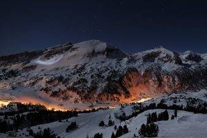 mountain, Snow, Long Exposure, Night, Lights, Trees, Stars, Rock, Canada