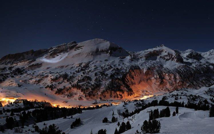 mountain, Snow, Long Exposure, Night, Lights, Trees, Stars, Rock, Canada HD Wallpaper Desktop Background