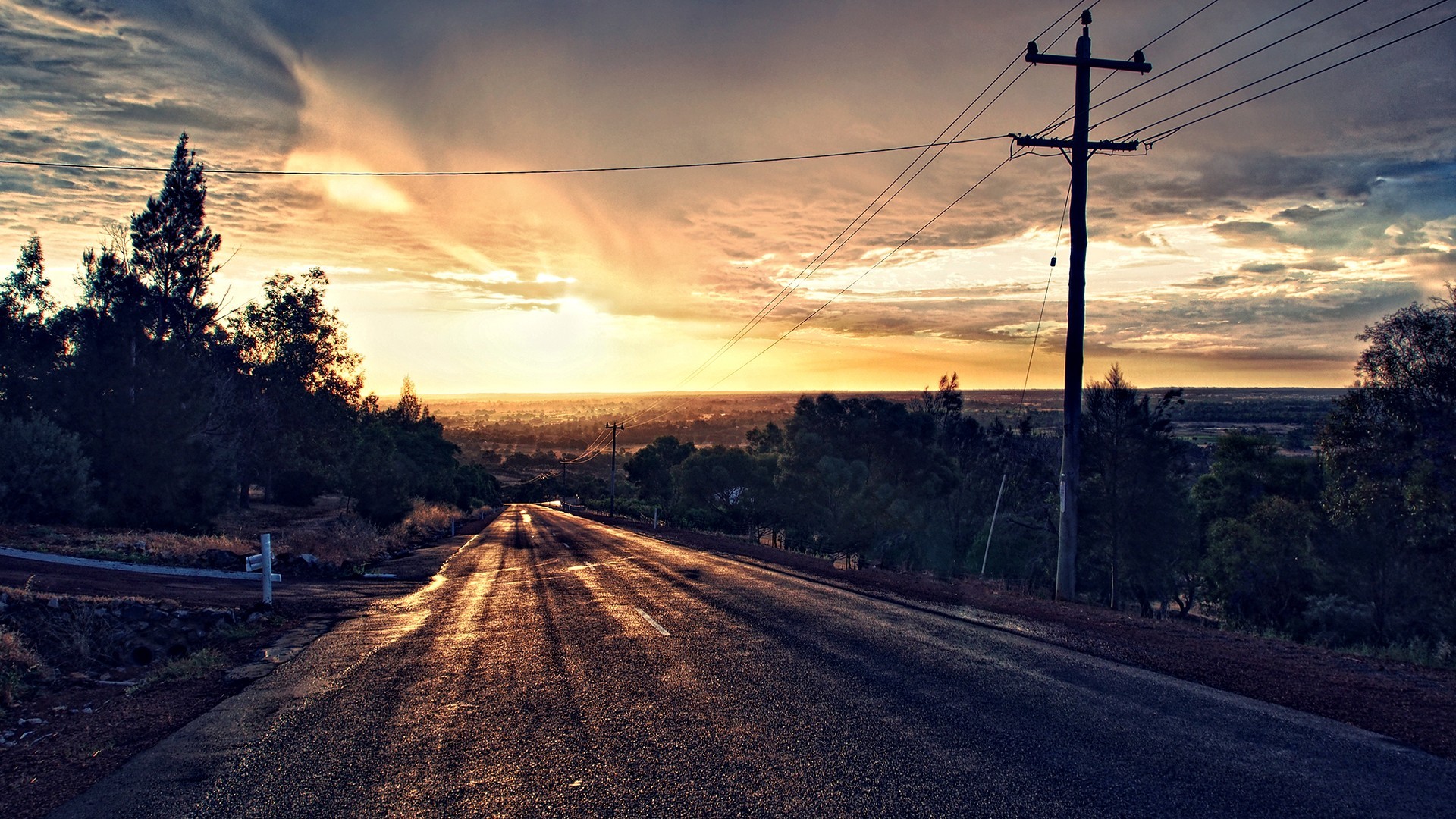 road, Trees, Asphalt, Sunset, Clouds, Photo Manipulation, HDR Wallpaper