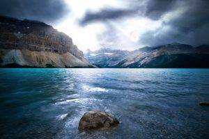 mountain, Sea, Rock, Blue, Sunlight, Bow Lake, Banff National Park