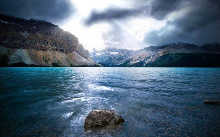 mountain, Sea, Rock, Blue, Sunlight, Bow Lake, Banff National Park HD Wallpaper Desktop Background