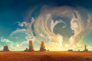 artwork, Desert, Clouds, Sun