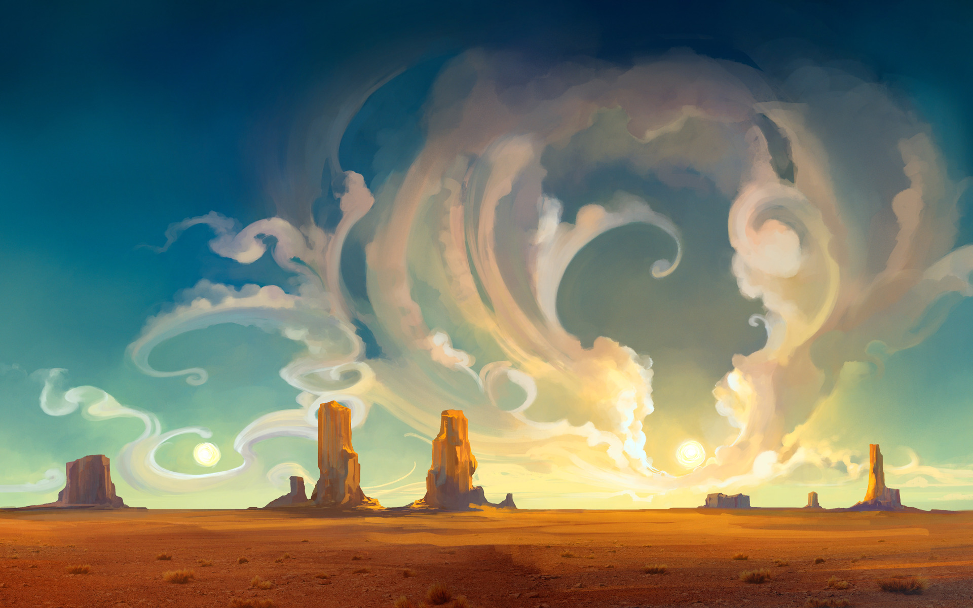 artwork, Desert, Clouds, Sun Wallpaper