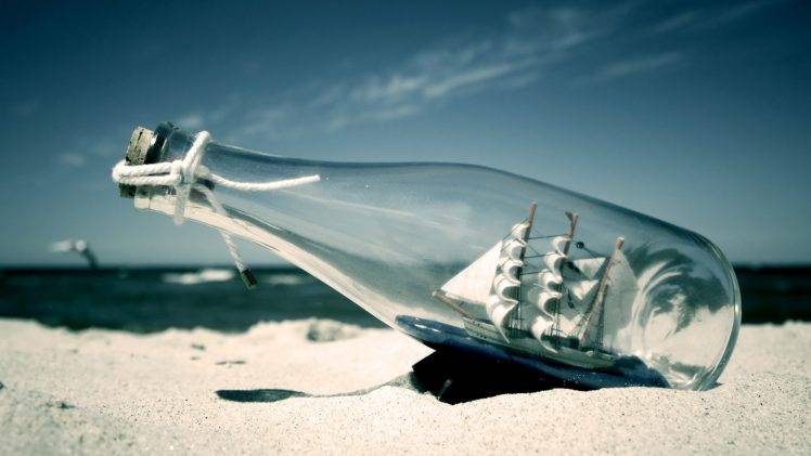 photography, Bottles, Ship, Sand, Sea HD Wallpaper Desktop Background