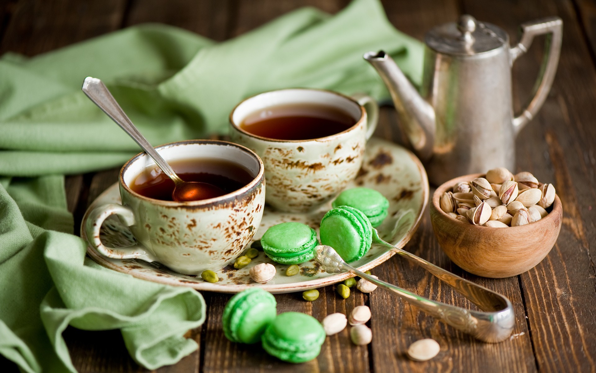 tea, Cup, Bowls, Spoons, Fabric, Wooden Surface Wallpaper
