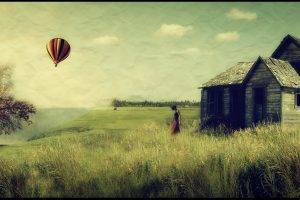 hot Air Balloons, Trees, House