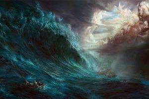 mythology, Water, Magic, Waves, Clouds, Boat