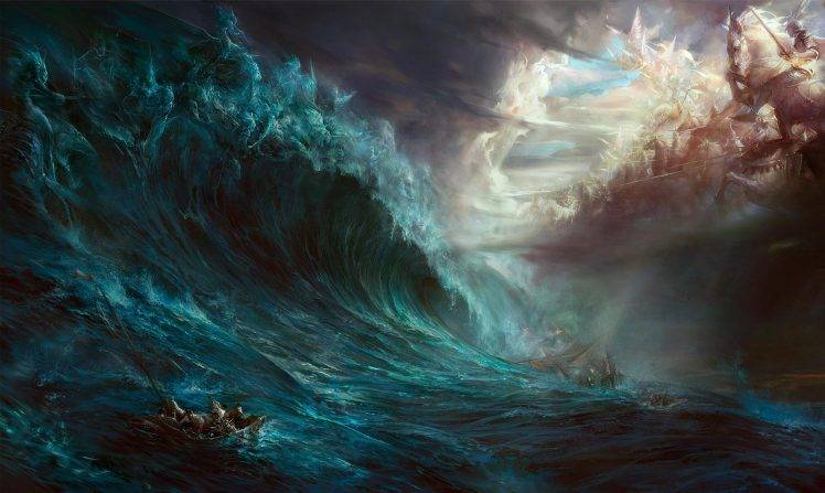 mythology, Water, Magic, Waves, Clouds, Boat HD Wallpaper Desktop Background